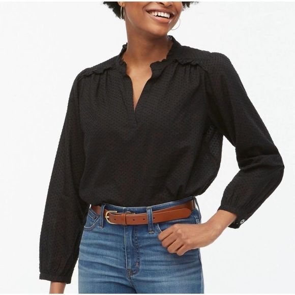 J. Crew Tops - J. Crew GUC Polka Dot Embroidery V-neck Ruffle Details Blouse Top Size XS Black